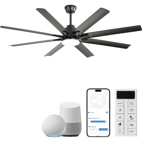 Ventilateur de plafond intelligent de grande taille (168 cm), modèle à 8 pales avec éclairage LED à intensité variable, télécommande et moteur CC à 6 vitesses (réversible), style industriel moderne