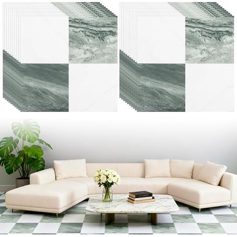 20 x Self Adhesive PVC Floor Tiles 30 x 30 cm 0.8 mm Marble Green and White Marble Pattern Approximately 18 m² for Kitchen, Hallway, Guest Toilet and Renovation (1/5)