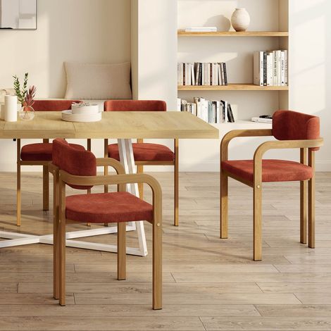 Juego de 4 sillas de comedor, sillas de mesa ESMA de metal con acabado de madera y tejido de chenilla en color terracota, con re (1/5)