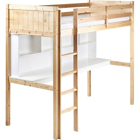 High Sleeper Bed with Desk Pine Wood FOUCAMONT 90 x 200 cm (EU Single) Light Brown
