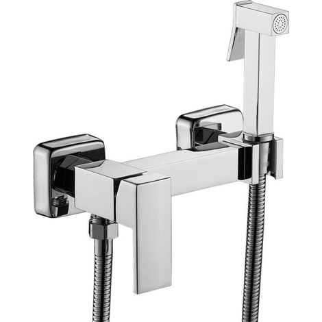 Douchette WC Bidet Murale En Cuivre Avec Robinet Mixte Eau Chaude Et Froide Argent (1/2)