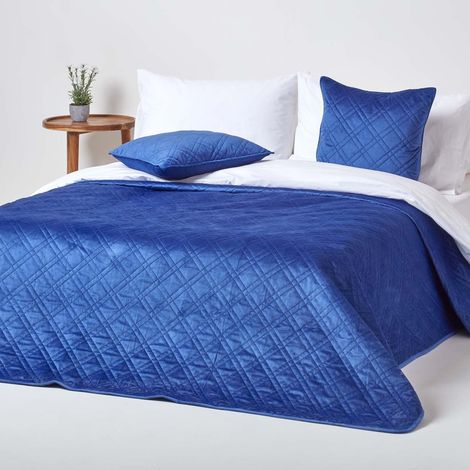 HOMESCAPES Luxury Navy Blue Quilted Velvet Bedspread Geometric Pattern 'Paragon Diamond' Throw, 200 x 200 cm - Navy