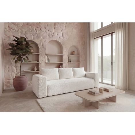 ARIEL - Canapé droit convertible tissu bouclette 3 places - Beige