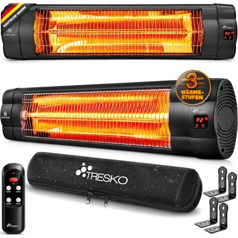 TRESKO Infrarot Heizstrahler 2500W schwarz mit Fernbedienung, Timer & Abdeckung  Wärmestrahler Terrasse elektrisch mit 3 Heizstufen  Terrassenstrahler Innen & Außen  Wand-Infrarotstrahler mit LED-Anze