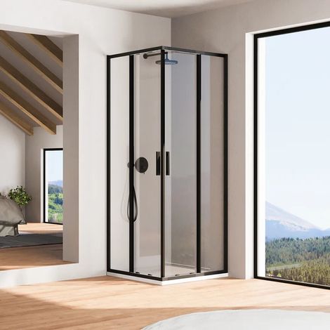 Box Doccia Scorrevole 70x90cm con Profili Slim in Alluminio Nero Opaco Vetro 6mm Trasparente h190 - Reversibile Mod. Portofino (1/5)