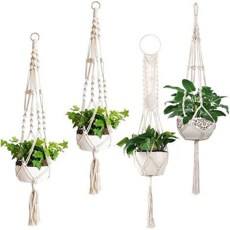 Suspensions pour plantes en macramé 4 pièces – Supports de pots en coton tressé style bohème – Pour plantes d’intérieur balcon jardin et décoration de fenêtre – Blanc (1/5)