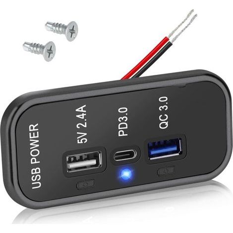 Prise 3 Ports 12 V, PD3.0 Type C, QC3.0 USB 2,4 A, Adaptateur de Charge Rapide pour Voiture et Marine (1/5)