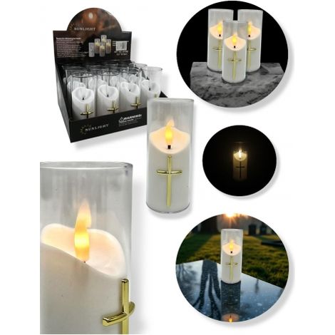 Bougie LED pour photophores funéraires 12,5 cm avec croix 7093