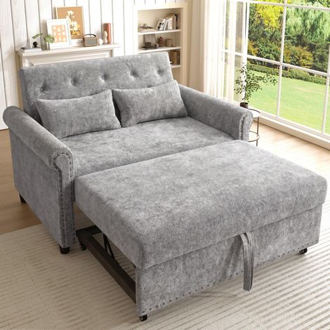 Canapé droit 2 Places en Chenille Gris - Canapé Convertible Lit Extractible, Dossier Inclinable 3 Positions et 2 Coussins - Moderne (1/5)