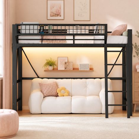 Cama alta metálica 90 x 200 cm negra con LED y cesta de almacenaje, OKWISH (1/5)
