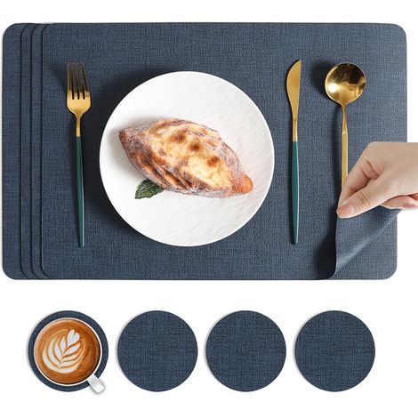 Lot de 4 Sous-verres Carrés en Cuir – Dessous de Verre et Sous-assiettes Isolants Thermiques, Résistants à la Chaleur et Élégants pour Table à Manger (Modèle Bleu Foncé)-lsw