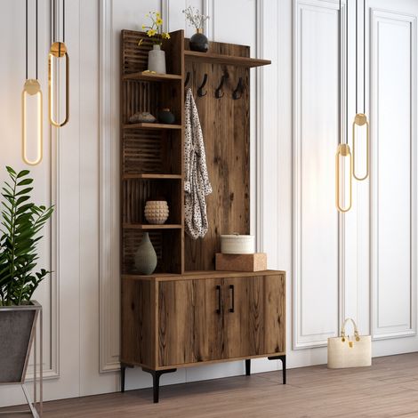 Garderobenschrank Pecchi, 8 Regale, Kleiderhaken, Drehtür, 90x35x200h cm Nussbaum Braun (1/5)