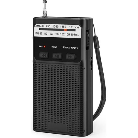Radio Pequeña, Radio Am/FM, Radio Bolsillo con Clip Trasero, Radio Portátil con Batería Recargable Incorporada, Radio con Ranura Tarjeta TF, Toma de Auriculares de 3,5MM y Función de Luz（Negro） (1/5)