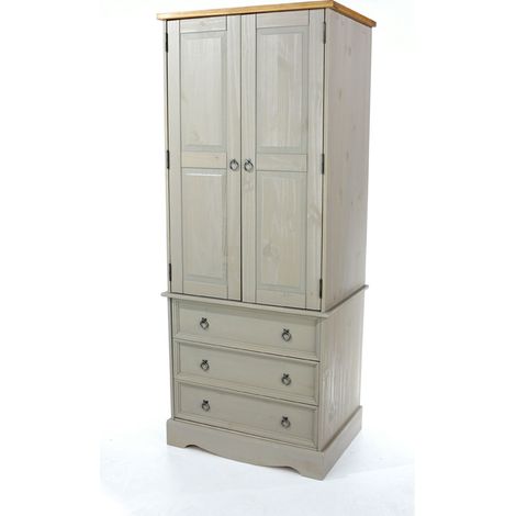 Tall Solid Pine 2 Door Wardrobe With 3 Drawers Bedroom Storage Hanging Bar (1/4)