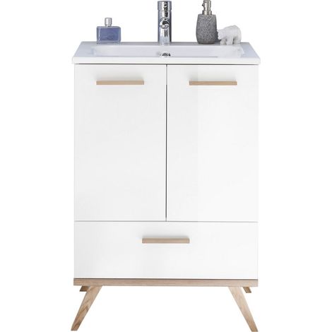 Badezimmer Waschtisch inkl. Waschbecken MALANJE-66 in weiß glänzend & Riviera Eiche quer Nb. - B/H/T: 61/89,5/46cm (1/5)