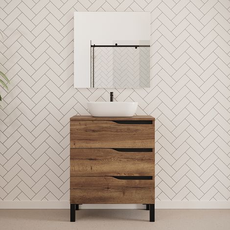 Meuble de salle de bain 60cm avec plateau et vasque à poser zeus - 3 tiroirs - tabaco (chêne foncé) - MATA (1/5)