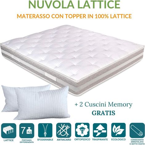 EVERGREENWEB - Materasso Matrimoniale 160x190 Alto 25 cm per Letto con Topper in 100% LATTICE Sfoderabile e Lavabile, ANALLERGICO, Imbottitura Morbida Effetto Piuma + Coppia Cuscini Memory Foam GRATIS (1/5)