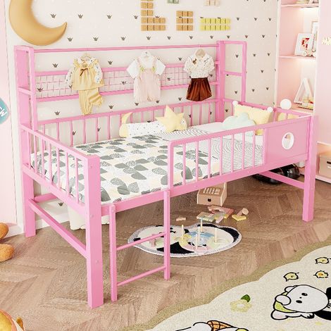 Kinderbett 90x200 cm Niedriges Hochbett aus Metall mit Stauraum, Kleiderstange und Rausfallschutz, Platzsparendes Jugendbett Rosa (1/5)