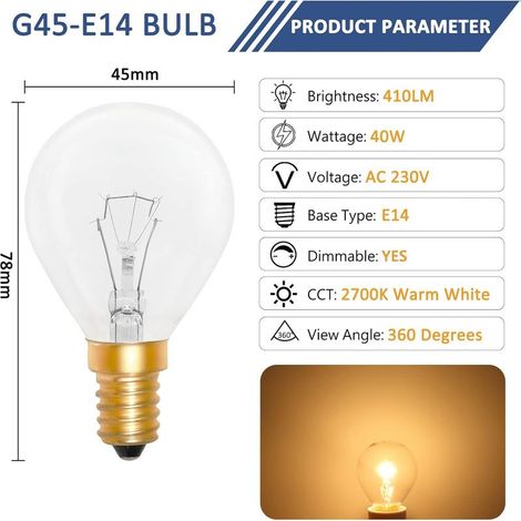 Dimmbare Backofenlampen, Edison E14 G45, 78 mm x 45 mm, hitzebeständig bis 300 °C, 410 lm, 220 V Wechselstrom, 2700 K warmweiß, P45-Lampe, für Backöfen, Grillöfen und Lavaleuchten, 2er-Pack (1/4)
