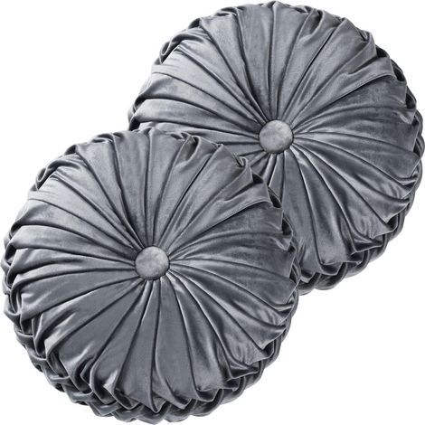 Set of 2 round pleated pillows, 38 x 38 cm, vintage velvet floor cushions for home decor, sofa, chair, bed, dark grey (rippled) (1/5)
