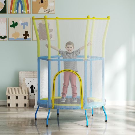 Trampoline intérieur Ø140x190cm bleu pour enfants avec filet de sécurité, cordes élastiques et barres rembourrées, 3 à 6 ans, clair (1/4)