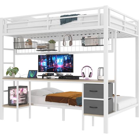 Cama alta 140x200 cm de metal y MDF, con escritorio, cajones, estantes, rejilla para colgar objetos, LED de 7 colores y USB, blanca, sin colchón  CHICFURN (1/5)