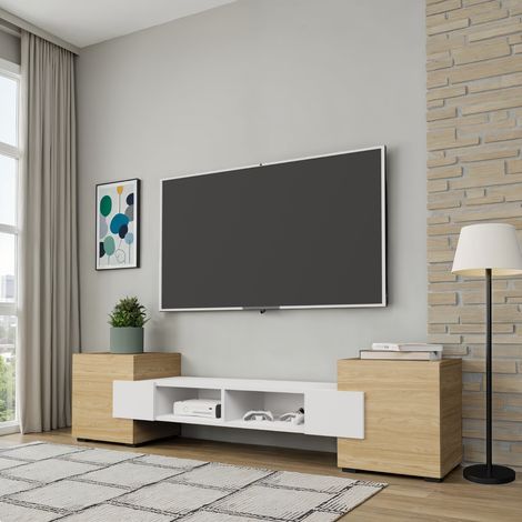 Komodee, Meuble TV Torino, Chêne Huile, Blanc Arctique, Largeur 181 cm x Hauteur 40 cm x Profondeur 35 cm, pour Salon, Chambre à coucher (1/5)
