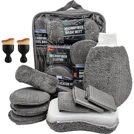Ensemble de lavage de voiture 11 pièces – Ensemble en microfibres pour le nettoyage intérieur et extérieur