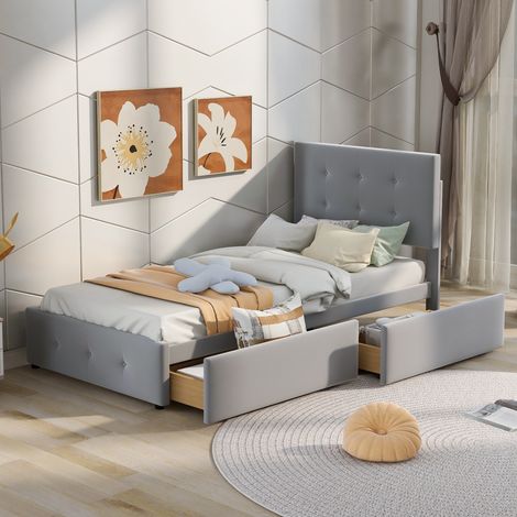 Eifson – Lit simple avec tiroirs 90x200 cm – Tête de lit réglable – Sommier à lattes – Rembourré en velours – 2 tiroirs – Pour adolescents et enfants – Gris