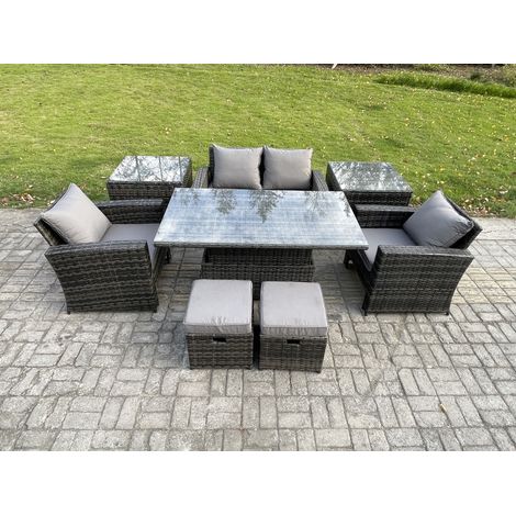Fimous High Back Rattan Garden Furniture Sofa Sets with Height Adjustable Rising Lifting Table 2 Side Tables 2 Small Footstools Dark Grey Mixed (1/5)