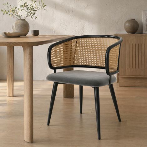 2 Esszimmerstühle aus Rattan und grauem Samt HAVRYA (1/5)