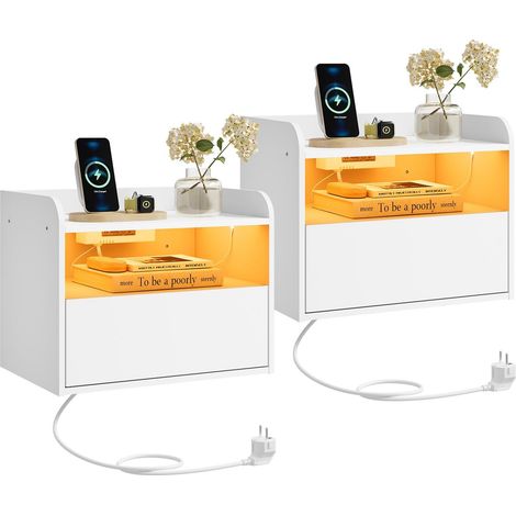 WOLTU 2 mesitas de noche con LED ajustable, estación de carga, compartimento abierto y cajón – Muebles de dormitorio blanco (1/5)
