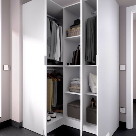 Dmora - Armario Dhuar, Mueble de esquina para dormitorio, Armario de esquina con 3 puertas batientes, 133x91h184 cm, Blanco (1/5)