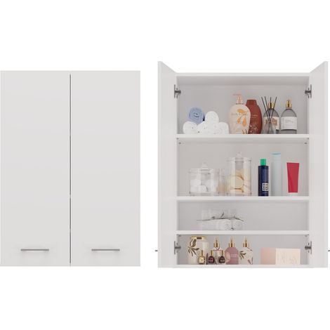 Topeshop – Meuble machine à laver suspendu Pola Mini DD blanc – 4 étagères dissimulées – Finition en plastique ABS – Design minimaliste (1/4)