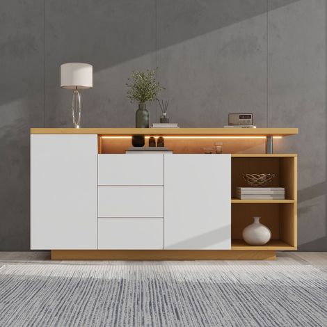 Buffet de Salon LED 2 Portes et 3 Tiroirs 140x40x70 cm, 2 Niches Ouvertes, Meuble de Rangement Polyvalent - Blanc et Effet Bois (1/5)