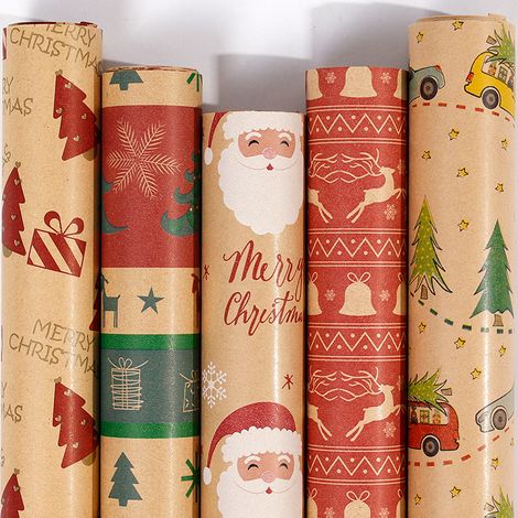 5 Rouleau Kraft Papier Cadeau Noël, 43cm×3m Recyclable Papier Emballage Cadeaux Noel avec Motifs Fins (1/5)