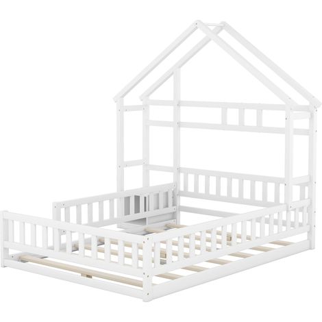 Cama casita infantil 140 x 200 cm con barrera y mesita de noche de pino blanco (1/5)