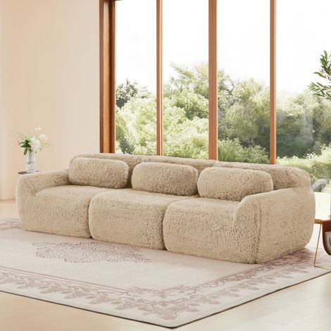 Canape angle convertible -Tissu velours doux - Conception modulaire - Combinable - Coussin inclus -Aucun assemblage requis- 3 places - kaki clair (1/4)