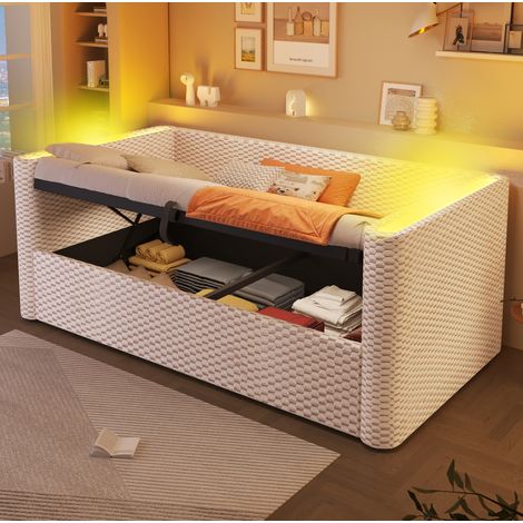 Divano letto in velluto beige 90x200 cm con contenitore idraulico, LED e rete a doghe inclusa (1/5)