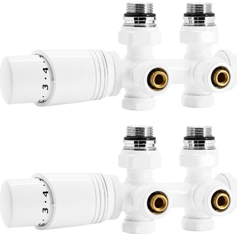 Lot de 2 Kit universel raccordement radiateur blanc 50 mm avec vanne thermostatique et raccords Fluidheat (1/5)