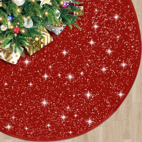 Tapis de sapin de Noël rouge satiné de 53 cm (21 pouces) avec petites paillettes, tapis scintillant pour sapin de taille moyenne, idéal pour décorer votre sapin de Noël. (1/5)