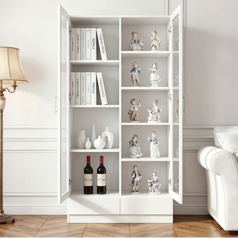 Vitrina 80x40x160 cm blanca en MDF y vidrio con 2 cajones, puertas de cristal y sistema antivuelco (1/5)