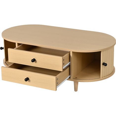 Table basse ronde avec portes coulissantes et 2 tiroirs, MDF, pieds en bois massif, 100×50×36 cm, bois clair (1/5)