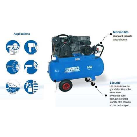 Abac – Compresseur bi-cylindre en V 3CV 100 litres – Débit 19,8 m3/h à 9 bar – Moteur à pistons en fonte – Refroidissement efficace