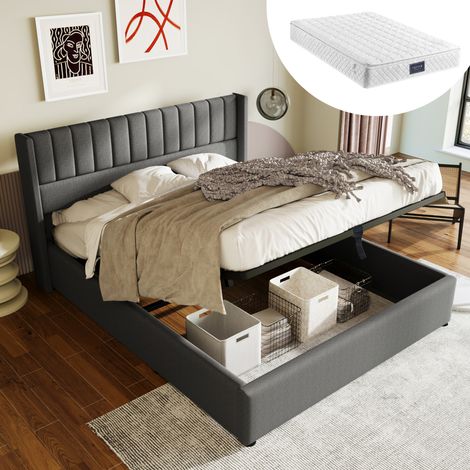 MEUBLIV Lit coffre rembourré hydraulique 160 x 200 cm avec matelas 720 ressorts sommier à lattes cadre en métal et bois tête de lit capitonnée rangement intégré gris (1/3)