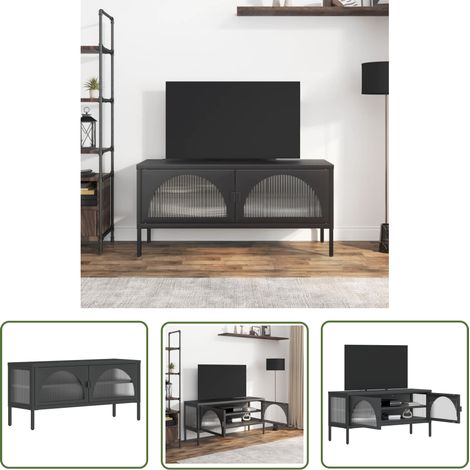 The Living Store TV-Schrank Schwarz 105x35x50 cm Glas und Stahl - TV Schrank - Fernsehtisch - Glasregal - Metall Regal - Wohnzimmereinrichtung (1/5)