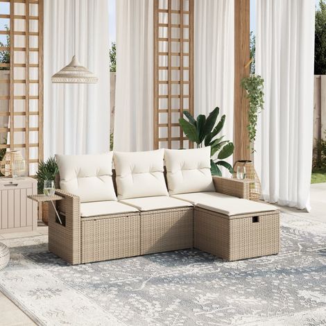 vidaXL 4-tlg. Garten-Sofagarnitur mit Kissen Beige Poly Rattan (1/4)