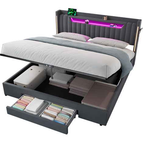 Lit coffre 180x200 cm en velours gris foncé avec tête de lit à rangement réglable, sommier hydraulique et éclairage LED, cadre de lit moderne pour chambre adulte – CHICFURN (1/5)