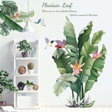 Autocollant Mural Plante Verte Sticker Mural Plante Tropicale Papier peint avec feuilles de banane et feuilles tropicales vertes DIY Mur Art Décor Décorations Pour La Maison pour Salon (1/4)