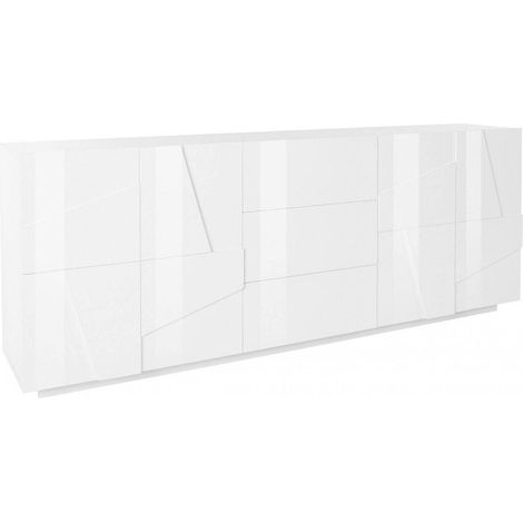 Dmora Credenza moderna a 4 ante e 3 cassetti, Made in Italy, Madia da cucina con dettaglio, Buffet di design da soggiorno, cm 224x44h86, colore Bianco lucido, con imballo rinforzato (1/4)